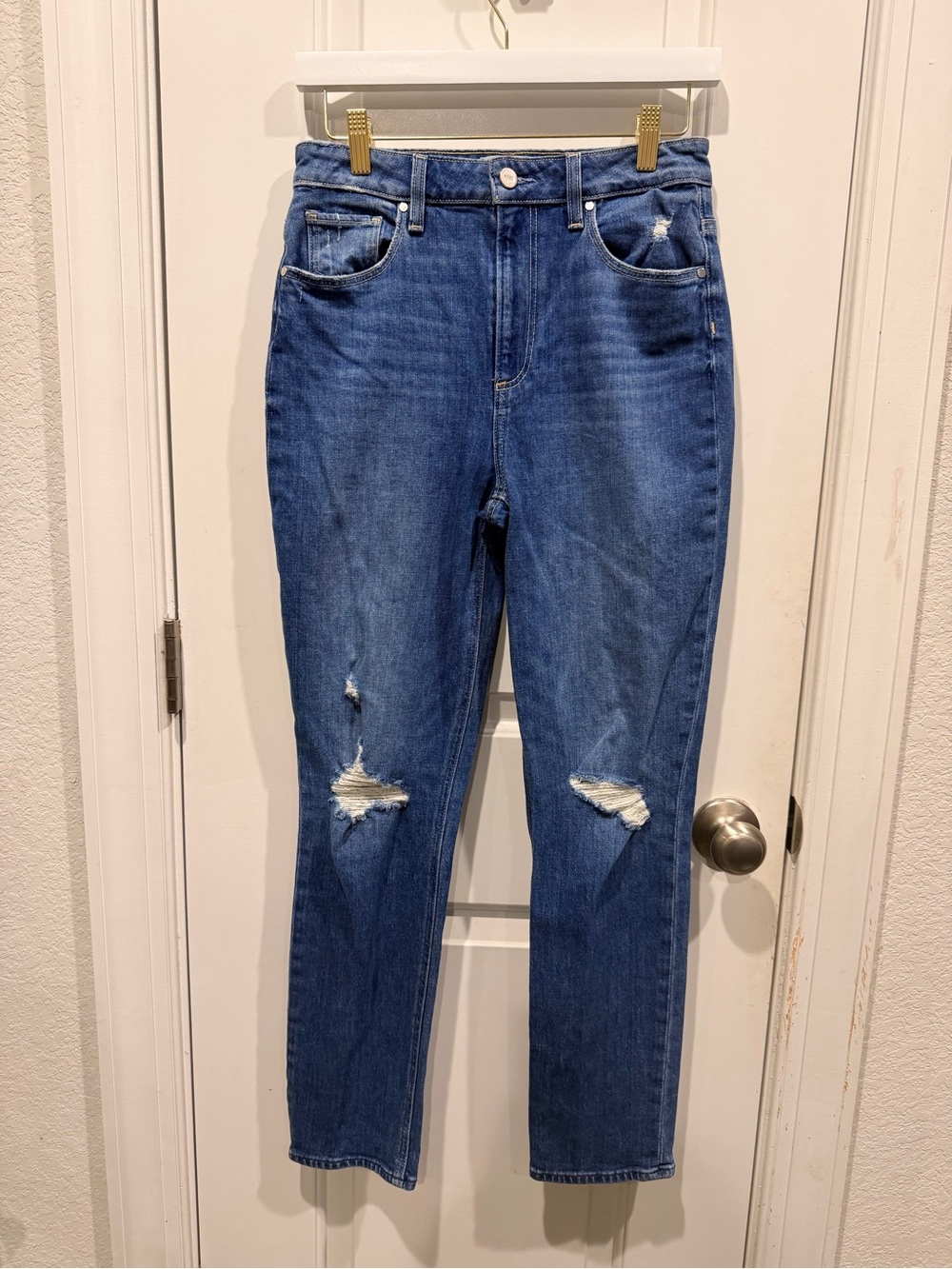 PAIGE High Rise Straight Distressed Jeans Medium Wash Size 27